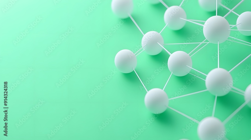 Obraz premium Abstract 3D molecular structure with connected white spheres on a mint green background. Concept of science, technology, and connectivity.