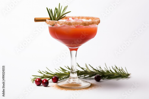 Winter margarita alcoholic cocktail with coconut milk, cranberry and rosemary on white, copy space