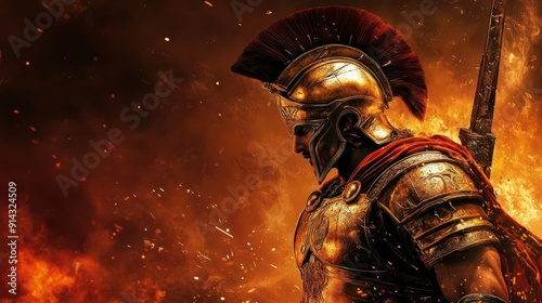 Formidable Ancient Greek Warrior in Gleaming Battle Armor with Vibrant Background