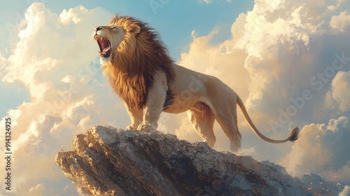 Majestic lion roaring on a cliff, high quality photo