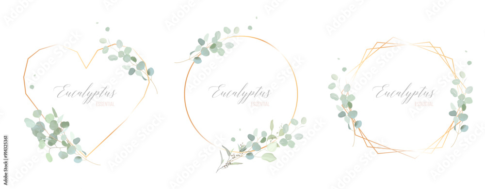 Herbal eucalyptus and gold vector frames. Hand painted branches, leaves on white backgrounds. Greenery wedding simple minimalist invitations. Watercolor cards. All elements are isolated and editable Herbal eucalyptus and gold vector frames. Hand painted branches, leaves on white backgrounds. Greenery wedding simple minimalist invitations. Watercolor cards. All elements are isolated and editable