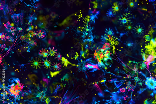 Ethereal Display of Fluorescent Particles Radiating BRilliant Light in Vivid Neon and Electric Hues