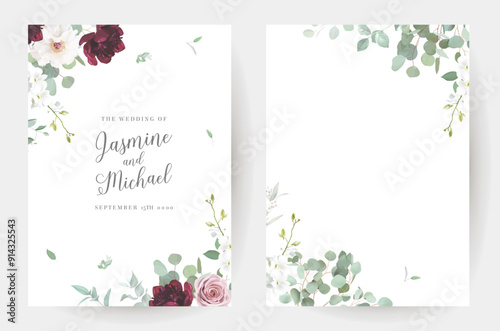 Burgundy red peony, white pale rose, magnolia, blush pink flowers vector design invitation frames. Chic wedding greenery. Green, beige, mint, white tone. Watercolor wedding cards.Isolated and editable