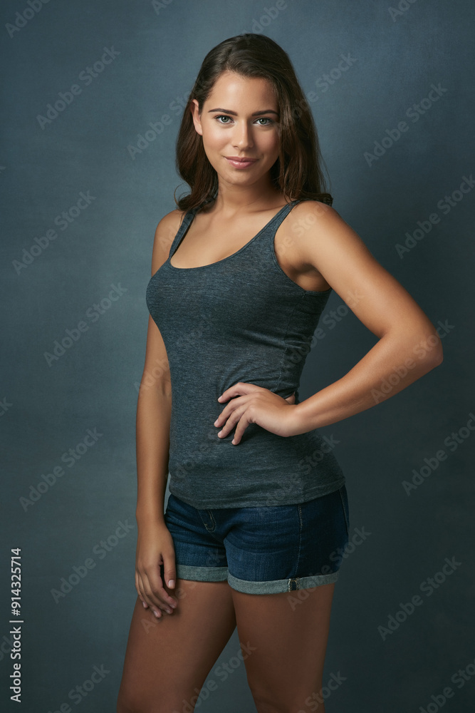 Hair care, cosmetic and portrait of woman in studio with volume, collagen and salon treatment. Beauty, health and female person with hairstyle for shiny, long and curly routine by blue background. Hair care, cosmetic and portrait of woman in studio with volume, collagen and salon treatment. Beauty, health and female person with hairstyle for shiny, long and curly routine by blue background.