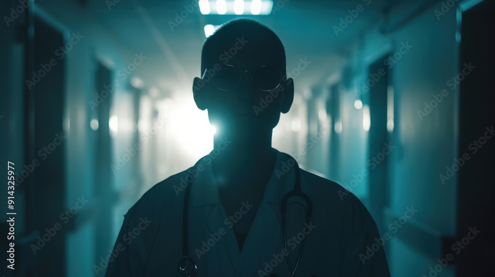 Silhouette of a doctor walking down a hospital corridor with a bright light at the end. Silhouette of a doctor walking down a hospital corridor with a bright light at the end.