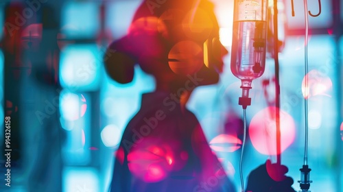 Silhouette of a healthcare worker adjusting an IV drip bag in a hospital setting, illuminated by colorful lights.