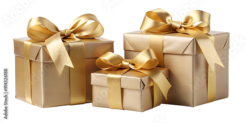Elegant gold Christmas presents with bows, cut out transparent