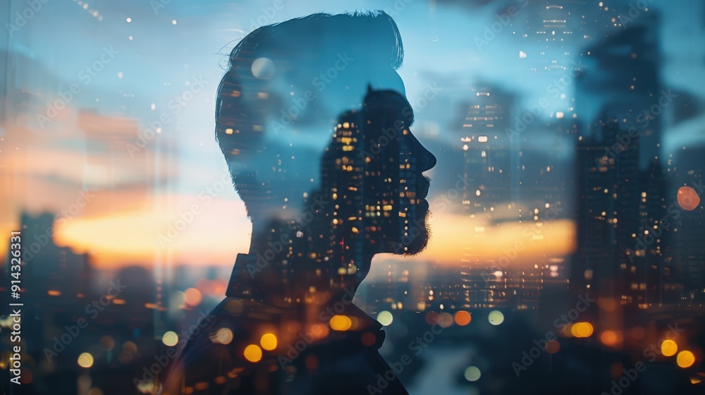 Silhouette of a man against a cityscape backdrop at dusk, representing connection and modern life. Silhouette of a man against a cityscape backdrop at dusk, representing connection and modern life.