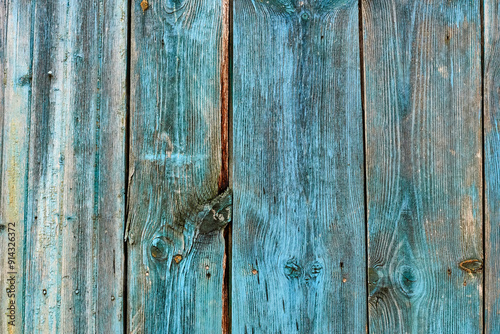 Canvastavla Weathered wood old panel, aged, dilapidated cracked surface with grungy texture, flaking fade paint cyan blue hues