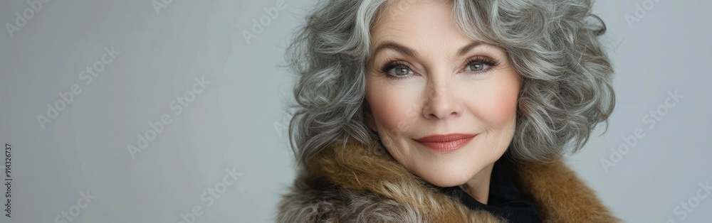 A confident gray-haired senior woman poses elegantly with a warm expression A confident gray-haired senior woman poses elegantly with a warm expression