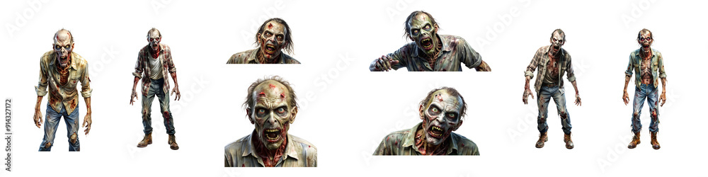 Realistic zombie character in various poses and facial expressions, cut out on transparent background Realistic zombie character in various poses and facial expressions, cut out on transparent background