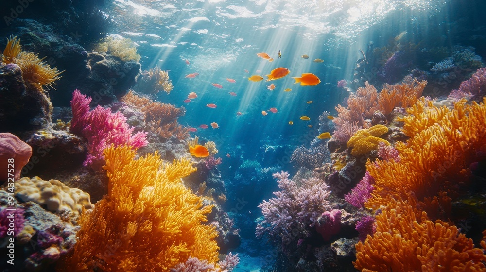 Naklejka premium Vibrant coral reef with diverse marine life, high quality