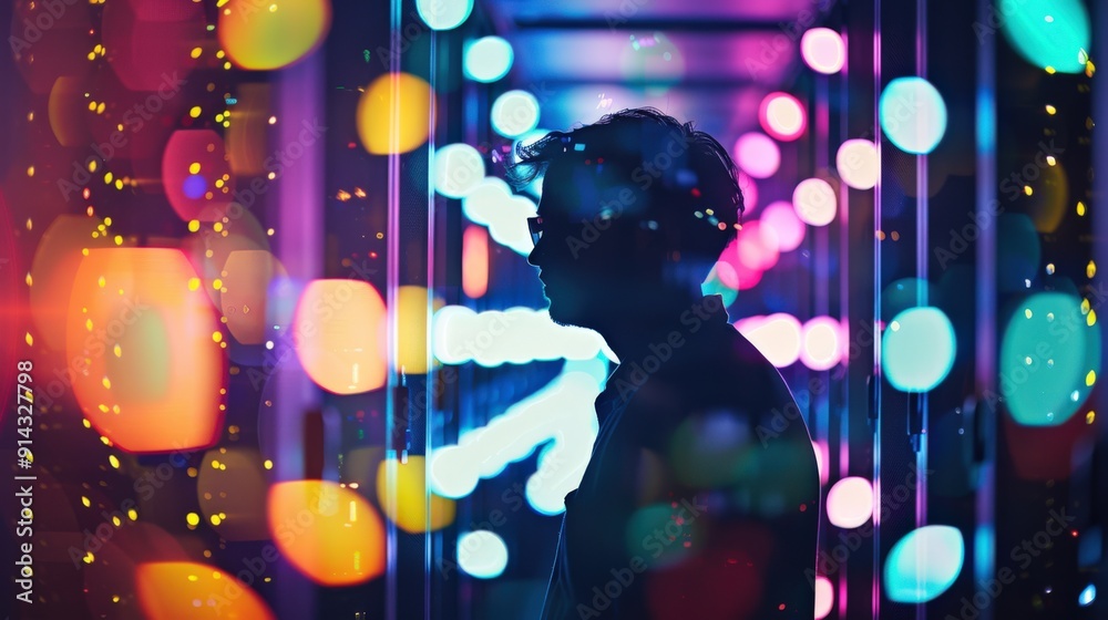 Silhouette of a person standing in a room with colorful lights. The person is in the center of the image, and the lights are creating a blurry effect. Silhouette of a person standing in a room with colorful lights. The person is in the center of the image, and the lights are creating a blurry effect.