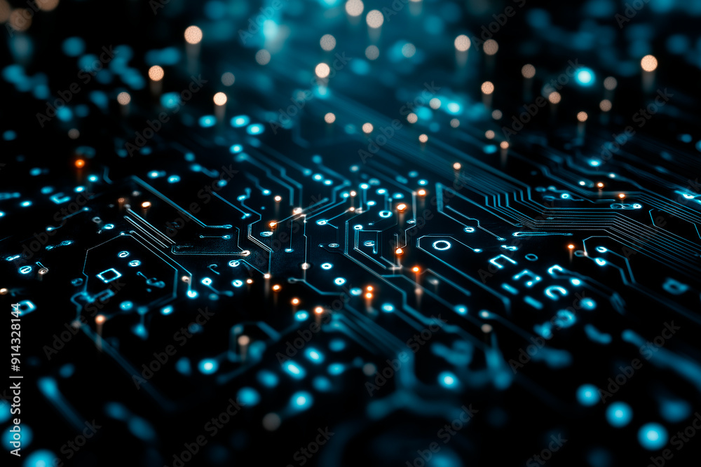 Close-up of a complex electronic circuit board illuminated by blue and orange lights highlighting the intricate connections. Close-up of a complex electronic circuit board illuminated by blue and orange lights highlighting the intricate connections.