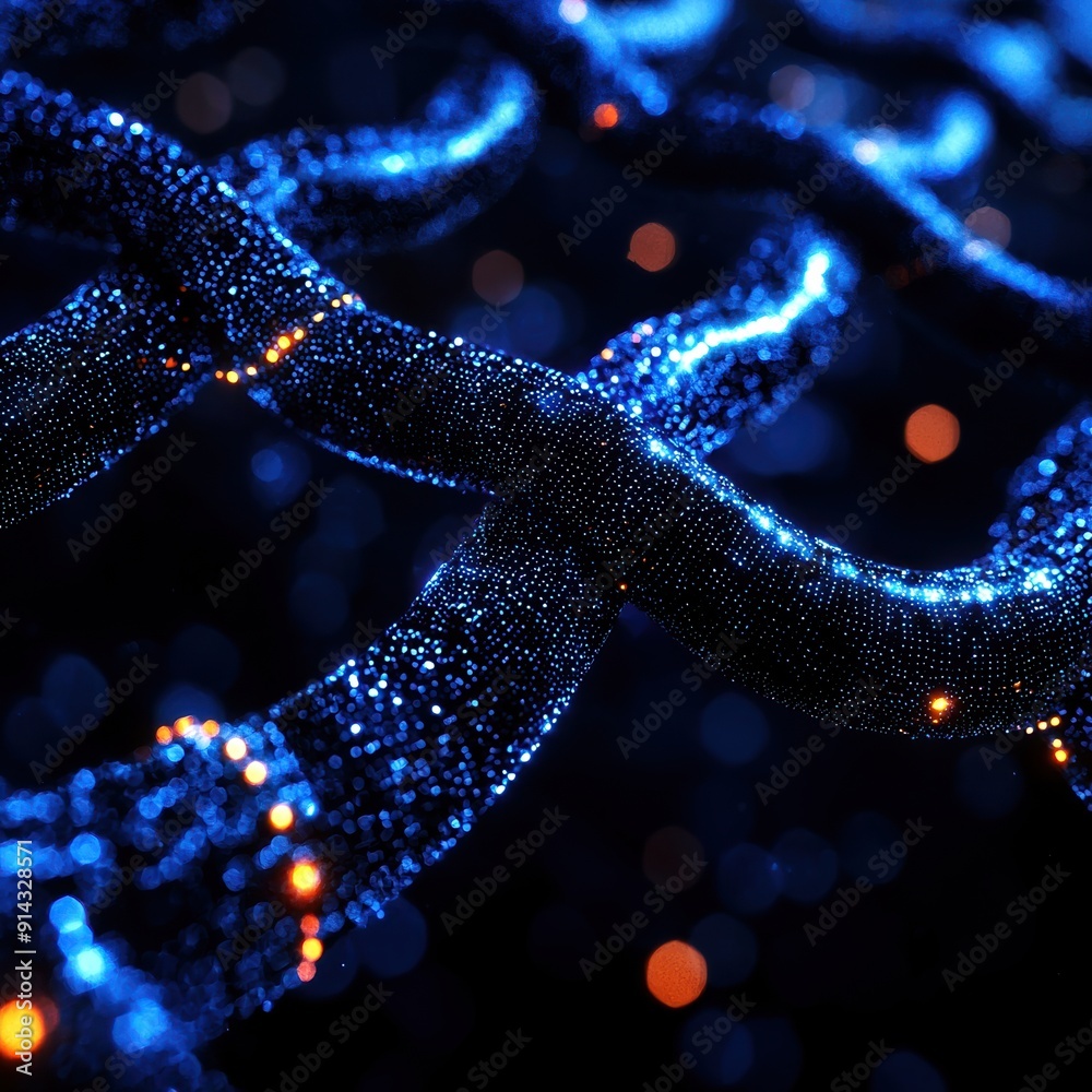 Close-up of abstract glowing blue chains with orange highlights on a dark background, representing technology and connectivity. Close-up of abstract glowing blue chains with orange highlights on a dark background, representing technology and connectivity.
