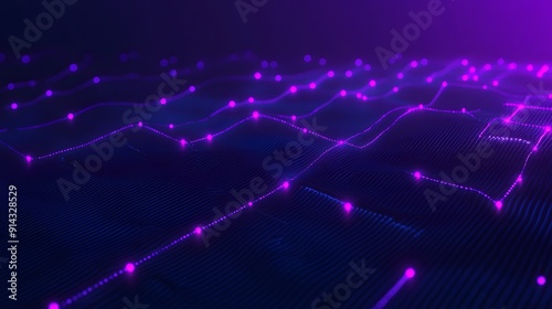 Abstract digital network with glowing purple nodes on dark blue background, representing technology and data connections.