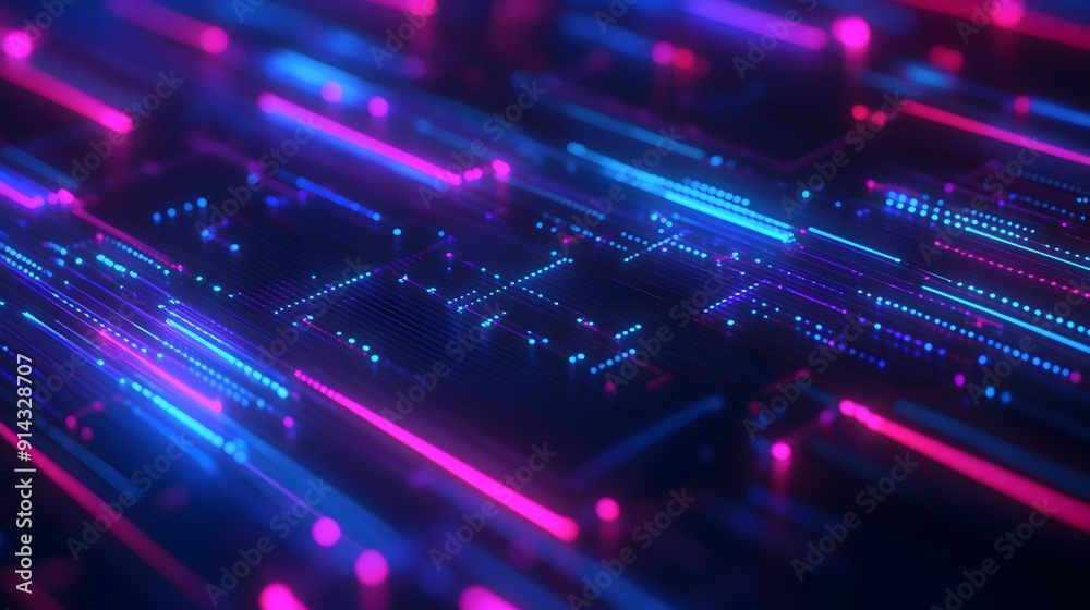 Abstract digital technology background with glowing neon lights in blue and pink, representing futuristic circuits and high-tech concepts. Abstract digital technology background with glowing neon lights in blue and pink, representing futuristic circuits and high-tech concepts.