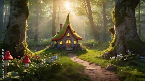 Fairytale tree house in a mysterious forest, house of pixies and elves. template for design.