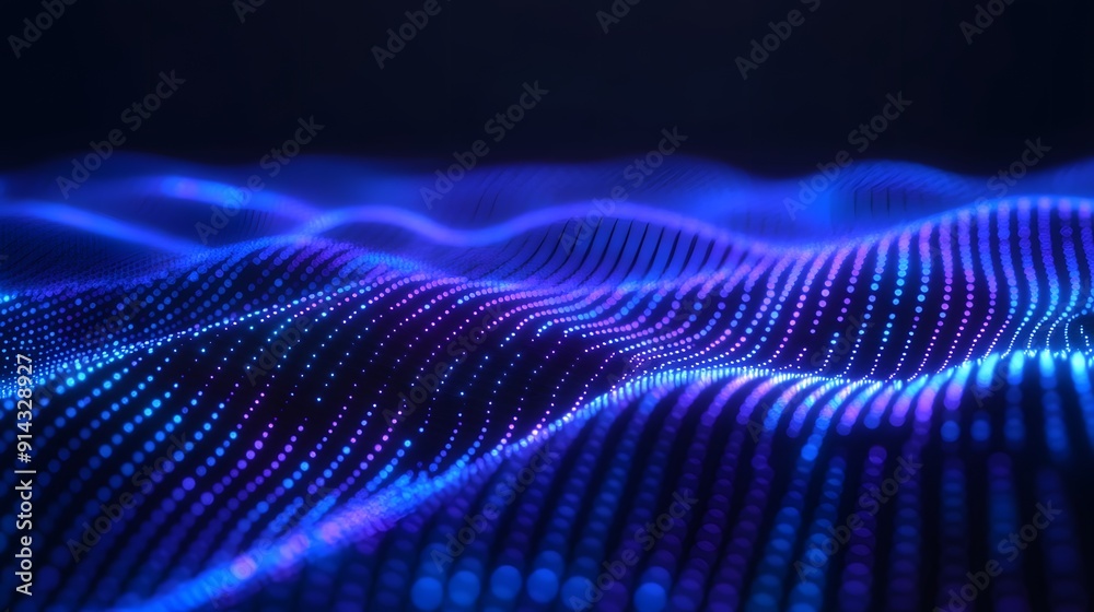 Abstract digital wave made of blue tiny lights, representing futuristic technology, data flow, and network connectivity on a dark background. Abstract digital wave made of blue tiny lights, representing futuristic technology, data flow, and network connectivity on a dark background.