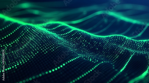 Abstract digital wave landscape with glowing green dots, representing technology, data, and modern design concepts.