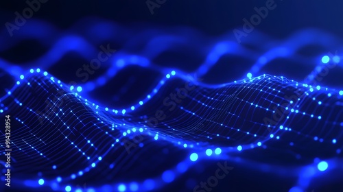 Abstract digital wave of glowing blue dots and lines, depicting data flow and futuristic technology on a dark background.