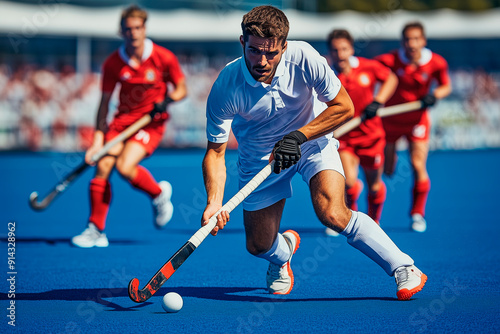 Dynamic field hockey game with a player in white uniform advancing with the ball, closely followed by players in red uniform.