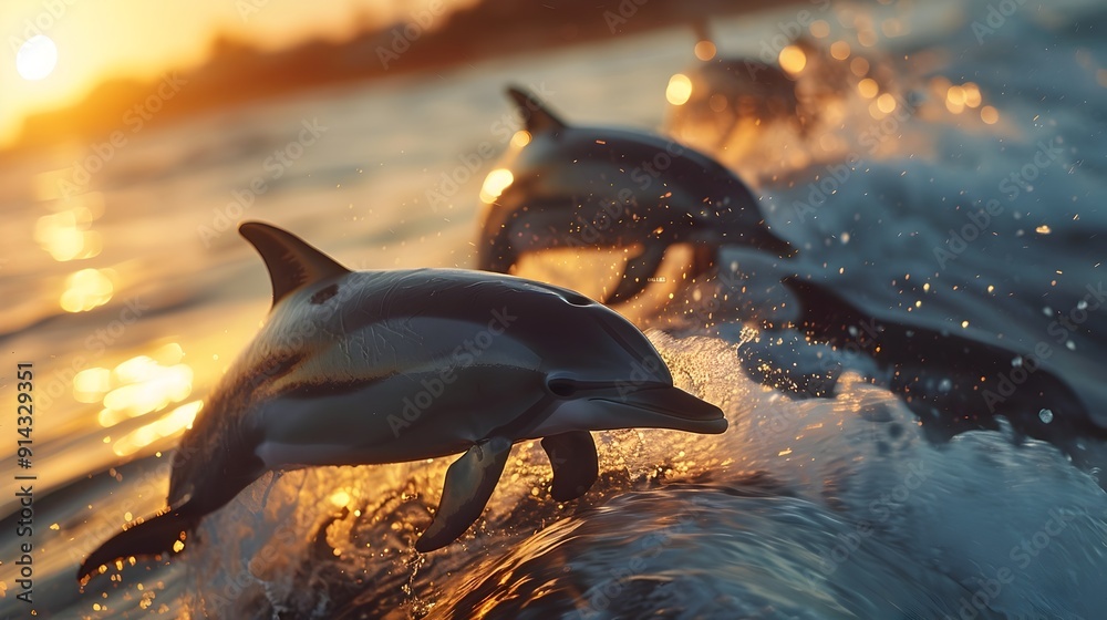Fototapeta premium Playful Dolphins Riding Waves at Sunset in Joyful Marine Scene