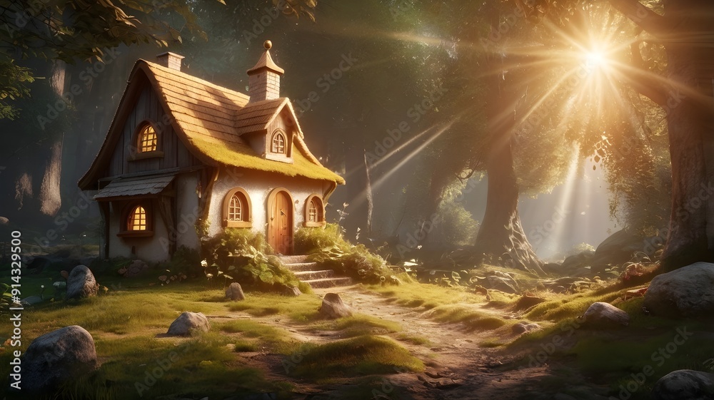 Fototapeta premium Fairytale tree house in a mysterious forest, house of pixies and elves. template for design.