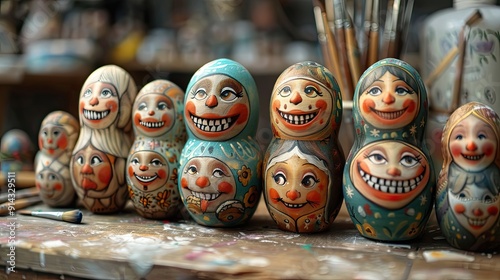 Artistic elves painting portraits of laughter and happiness on nesting dolls of every size  photo