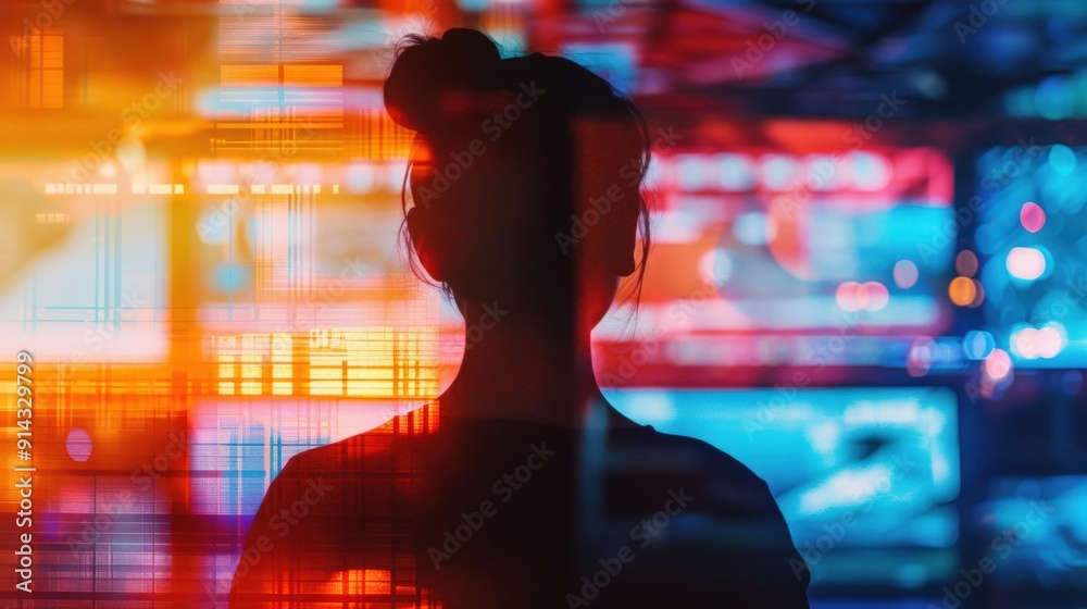 Silhouette of a woman standing in front of a colorful digital display. The image evokes a sense of technology and the future. Silhouette of a woman standing in front of a colorful digital display. The image evokes a sense of technology and the future.