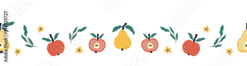 Colorful pattern with ripe apples and pears. Seamless texture with fruits, flowers and leaves.