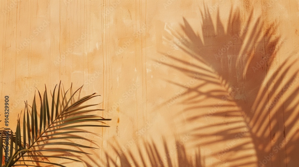 Fototapeta premium A palm tree casts a shadow on a wall