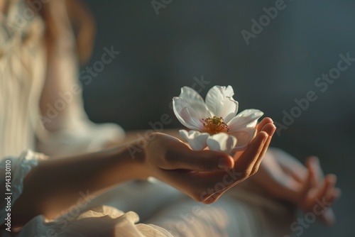 A woman is holding a white flower in her hand