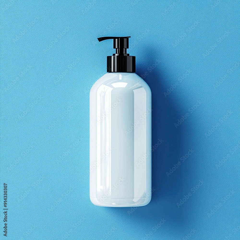 White plastic pump bottle on a blue background, perfect for packaging designs or product displays. High-quality image for commercial use. White plastic pump bottle on a blue background, perfect for packaging designs or product displays. High-quality image for commercial use.