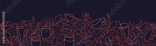 Coffee branch line border. Doodle art graphic cups