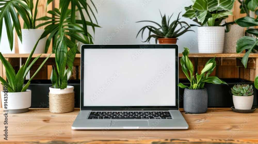 Blank laptop screen on a wooden desk. Blank laptop screen on a wooden desk.