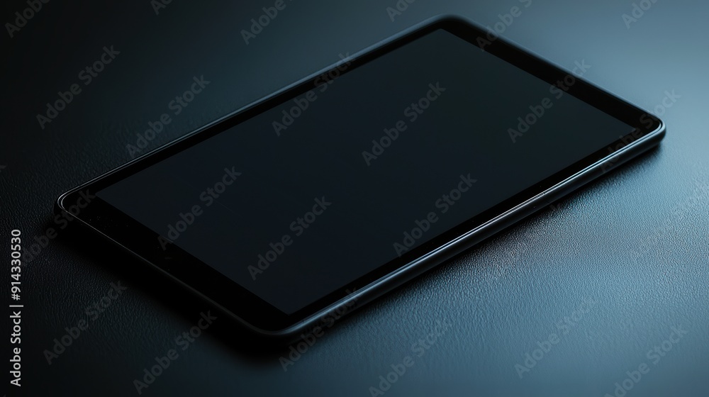 Close-up of a modern tablet placed on a dark surface, showcasing sleek design and minimalistic aesthetics. Close-up of a modern tablet placed on a dark surface, showcasing sleek design and minimalistic aesthetics.