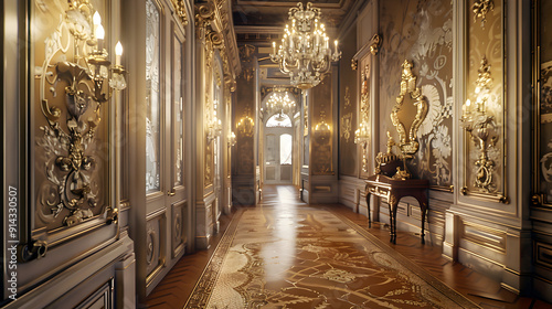 A long hallway with a chandelier hanging from the ceiling