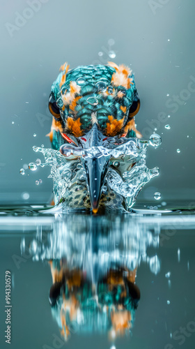 Kingfisher diving headfirst into water for prey photo