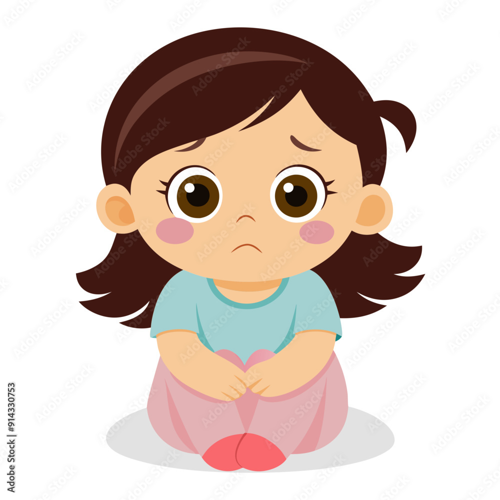Cute sad little girl. A girl sitting on the floor with her chin resting on her hands. Isolated vector illustration. Cute sad little girl. A girl sitting on the floor with her chin resting on her hands. Isolated vector illustration.
