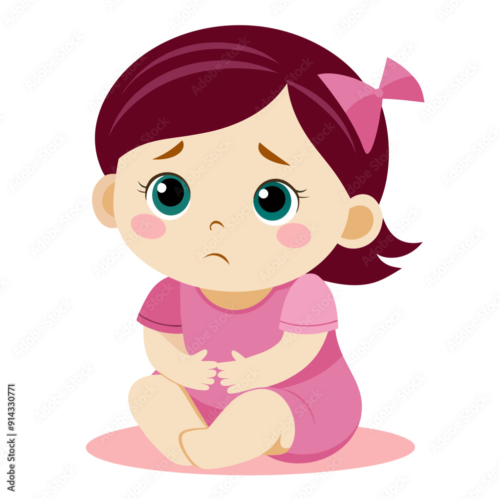 Cute sad little girl. A girl sitting on the floor with her chin resting on her hands. Isolated vector illustration. Cute sad little girl. A girl sitting on the floor with her chin resting on her hands. Isolated vector illustration.