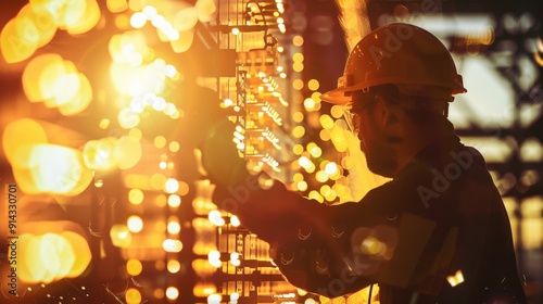 Silhouette of a worker in a hard hat inspecting machinery in an industrial setting.