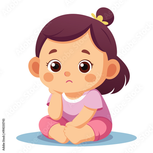 Cute sad little girl. A girl sitting on the floor with her chin resting on her hands. Isolated vector illustration.