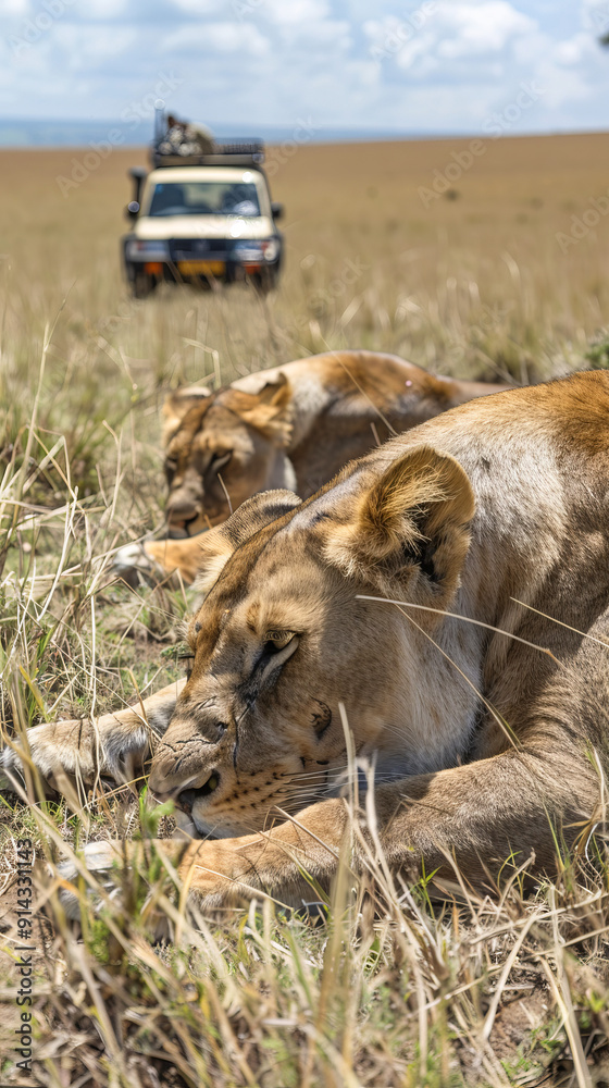 Lioness eating close to safari vehicle in Maasai Mara Lioness eating close to safari vehicle in Maasai Mara