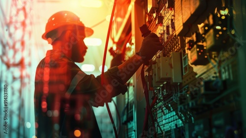 Silhouette of an electrician working on a control panel.  The image is double exposed with an industrial setting.  The electrician is wearing a hardhat and safety glasses.