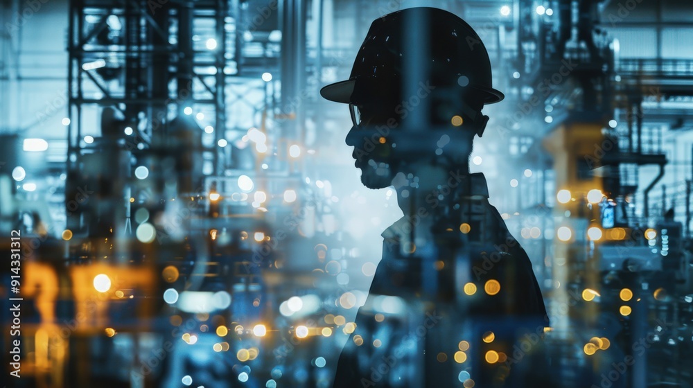 Silhouette of an engineer in a hard hat and safety glasses against a backdrop of a bustling industrial facility.