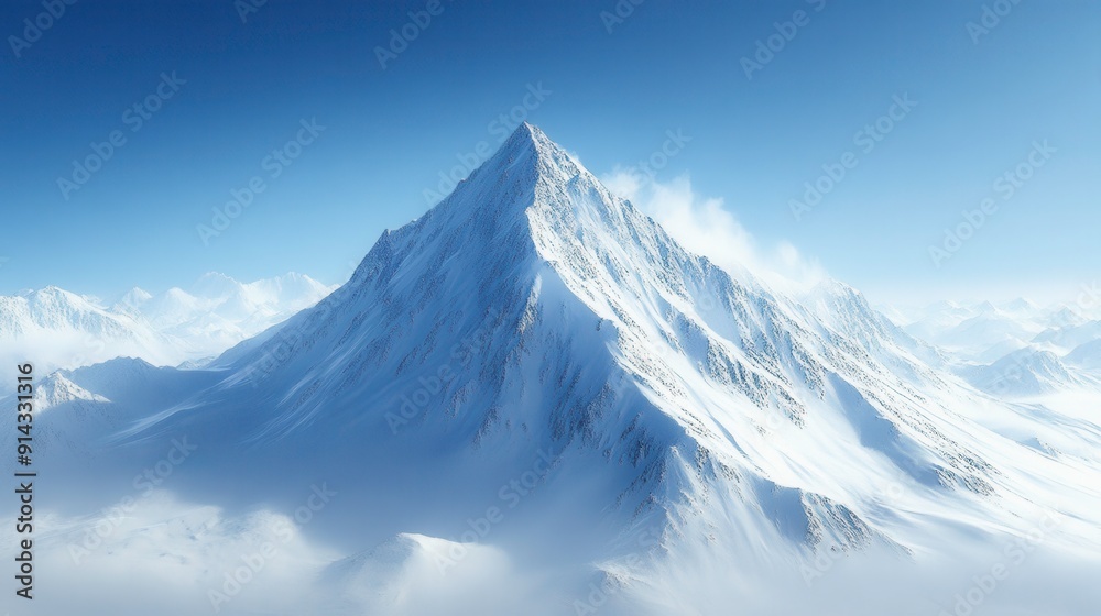Snow-covered mountain peak under a clear blue sky, high quality