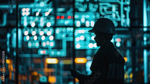 Silhouette of an engineer in a control room, working on a digital interface.