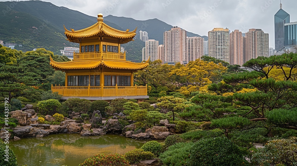 Obraz premium Hong kong, china - 25 november 2023 : Nan Lian garden, chinese classical garden, golden pavilion of perfection in nan lian garden, hong kong