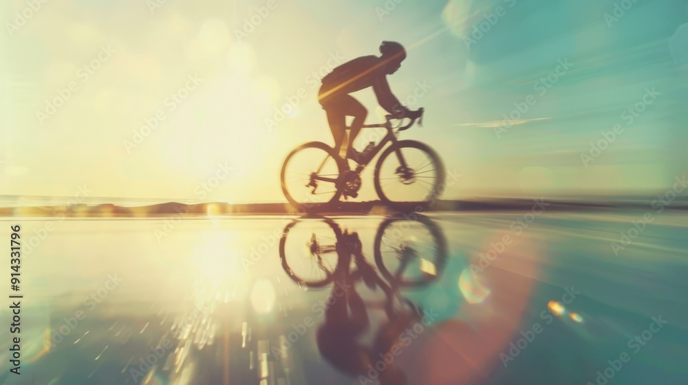 Fototapeta premium Silhouette of cyclist riding on a road with a lake reflecting the sunset.